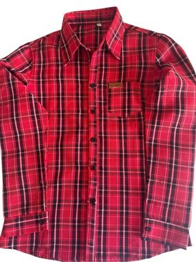 Hand Made Red and Black Plaid Button-Front Shirt with Burberry Logo on Pocket